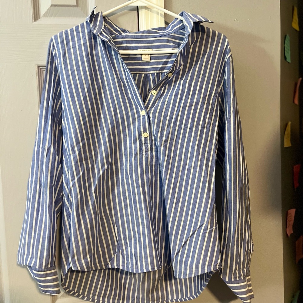 J. Crew Women’s Blue and White Striped Button Down Shirt